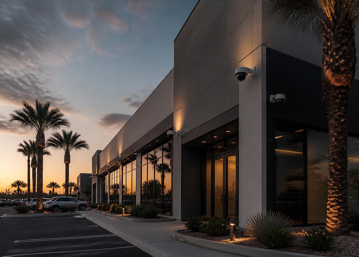 Coachella Valley commercial building with security cameras mounted on the facade at dusk