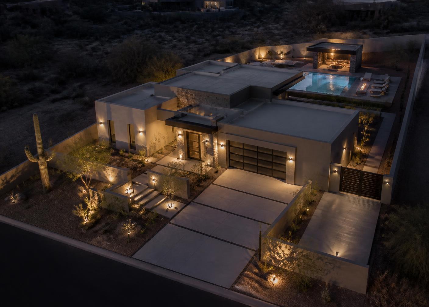 Aerial view of a desert home showing entry, driveway, garage, side gate, backyard and pool areas covered by security cameras