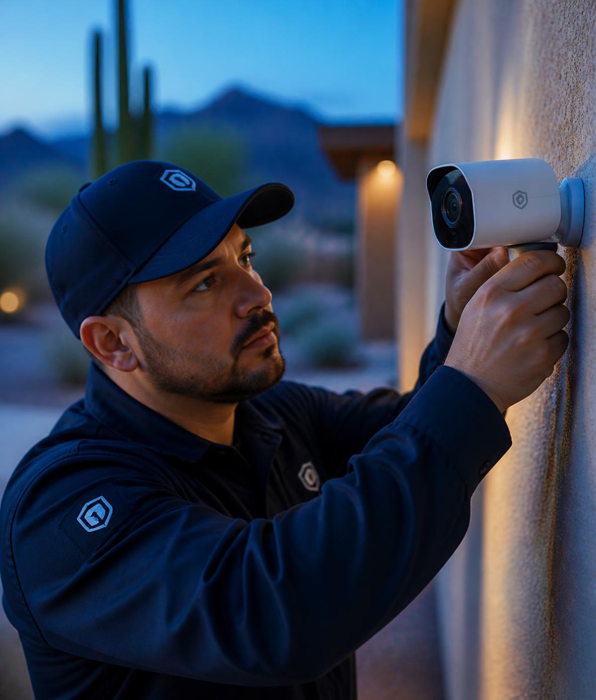 HawkEye Security technician mounting an outdoor security camera on a desert home